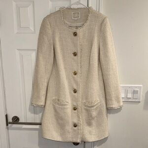 Sail to Sable Cream Tweed Fringe Trim Long Jacket Coat w/ Gold Buttons (Size S)